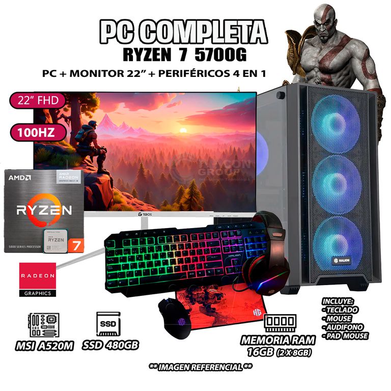 Computadora Completa Ryzen 7 5700G RAM 16GB DISCO SSD 500GB MONITOR 22" FHD