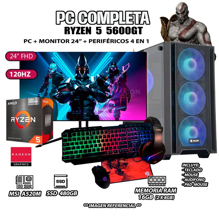 Computadora Completa Ryzen 5 5600GT RAM 16GB DISCO SSD 500GB MONITOR 24" FHD