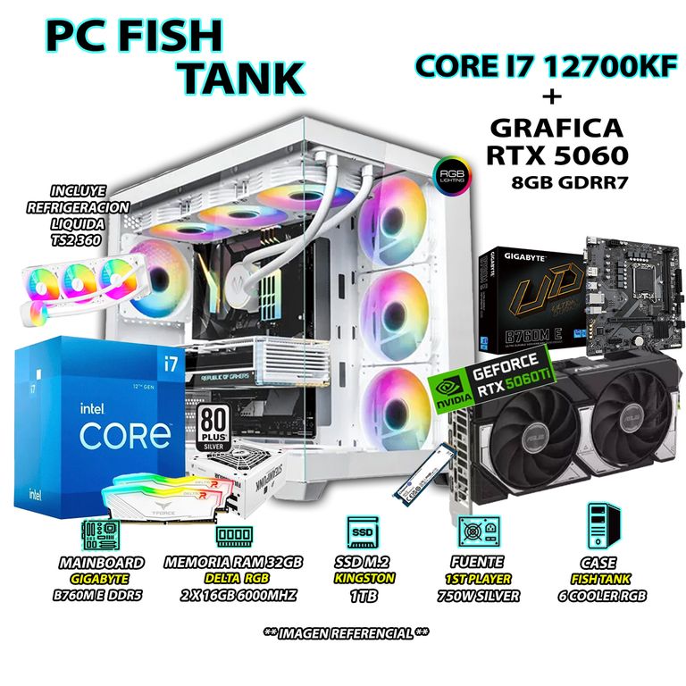 Computadora PC Gamer Core i7 12700KF RAM DDR5 32GB SSD 1TB GRAFICA RTX 5060 8GB