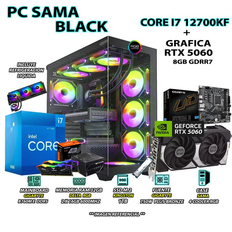 Computadora PC Gamer Core i7 12700KF RAM 32GB SSD 1TB GRAFICA RTX 5060 8GB