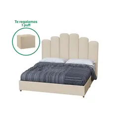 MUEBLES MACRUMO - Cama tapizada Premium Elisse Beige Queen + puff gratis