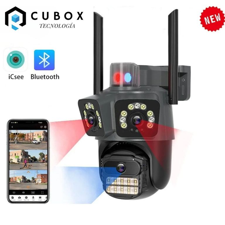 Cámara Exterior Triple Lente WiFi Visión 360° PTZ Alarma y Sonido Activo