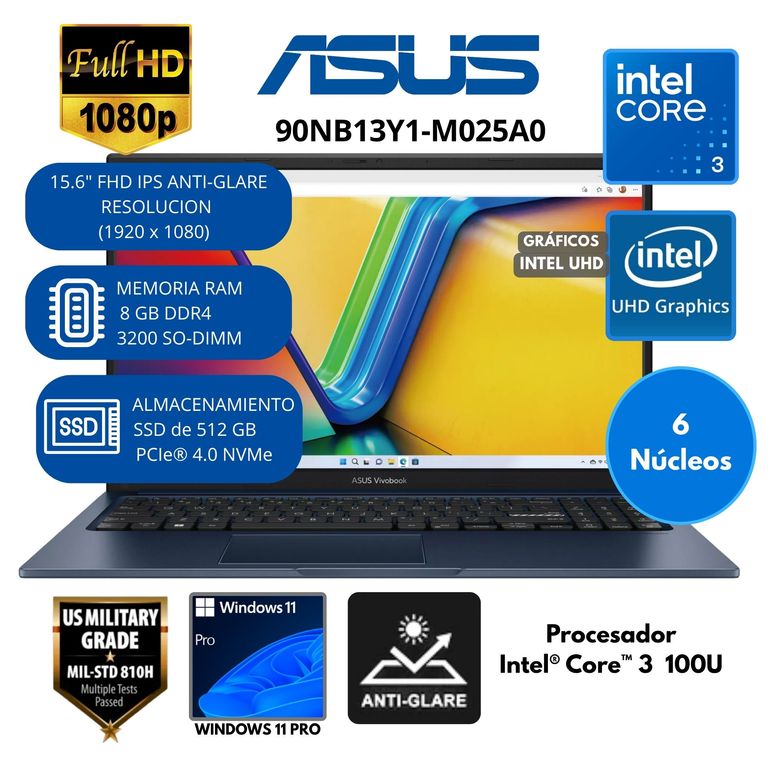 Laptop Vivobook Intel Core 3 (X1504VA-BQ4061) RAM 8 GB SSD 512 GB 15.6"FHD Windows 11 PRO