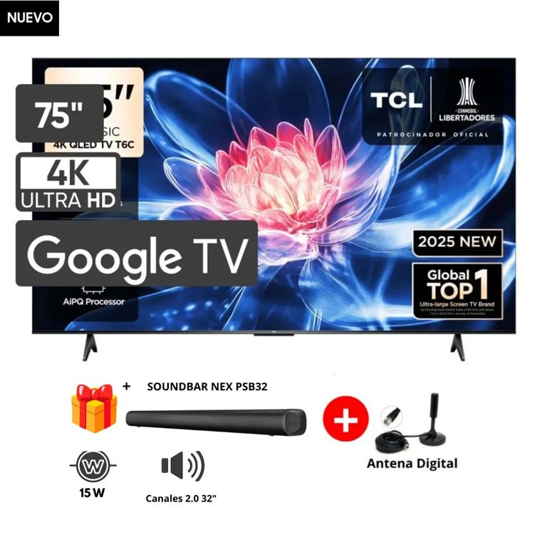 TELEVISOR QLED 75" UHD 4K SMART TV 75T6C MODELO 2025+ SOUNDBAR NEX+ ANTENA