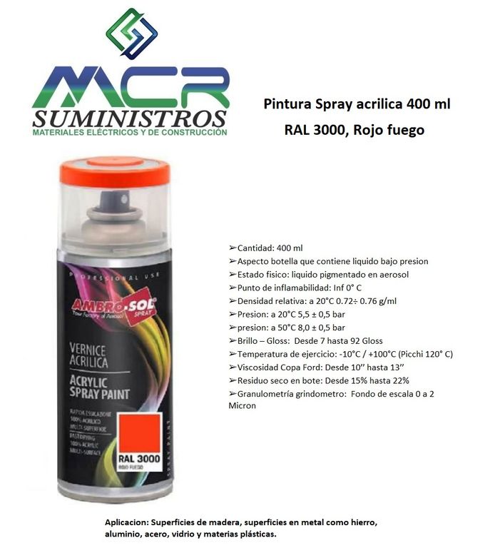 PINTURA EN SPRAY ACRILICA 400 ML RAL 3000 Rojo fuego