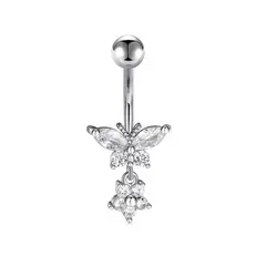 GENERICO - Piercing para ombligo mariposa y flor con brillos plateado