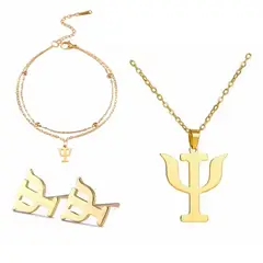 GENERICO - Set collar aretes y pulsera psi símbolo psiología psicóloga dorado