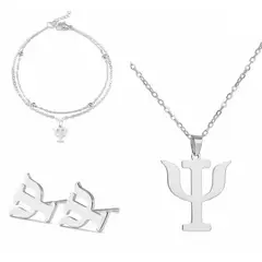 GENERICO - Set collar aretes y pulsera psi símbolo psiología psicóloga plateado