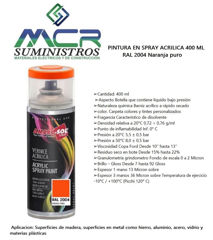 PINTURA EN SPRAY ACRILICA 400 ML RAL 2004 Naranja puro