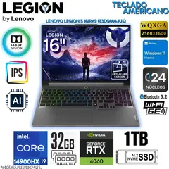 LENOVO - Laptop Gamer Americana LEGION 5 16IRX9 CORE I9 14900HX 32GB RAM 1TB SSD 8GB RTX4060 16" 83DG004JUS