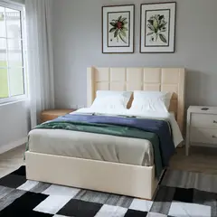 MUEBLES MACRUMO - Cama tapizada Miki King 2 tarimas+ Cabecera con bastones