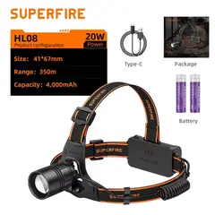 SUPER - Linterna Frontal Superfire HL08 LED 1900LM con Zoom y 4 Modos