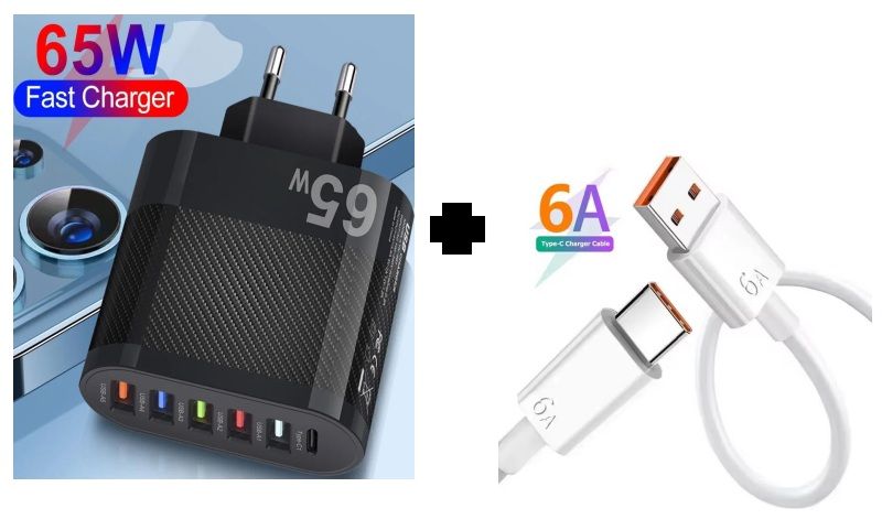 PACK CARGADOR 65W NEGRO 6 PUERTOS PREMIUM Y CABLE 6A 1M CARGA RAPIDA