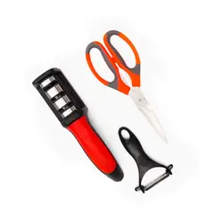 GENERICO - Set de 3u Tijera Afilador y Pelador de Acero Inoxidable