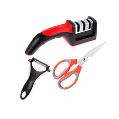 GENERICO - Pack2 Set de 3 Tijera Afilador y Pelador de Acero Inoxidable