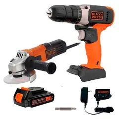 BLACK+DECKER - Taladro Atornillador 3/8" 20V 1 Bat + Amoladora 4 1/2" 650W Black + Decker BCD702C1-K4