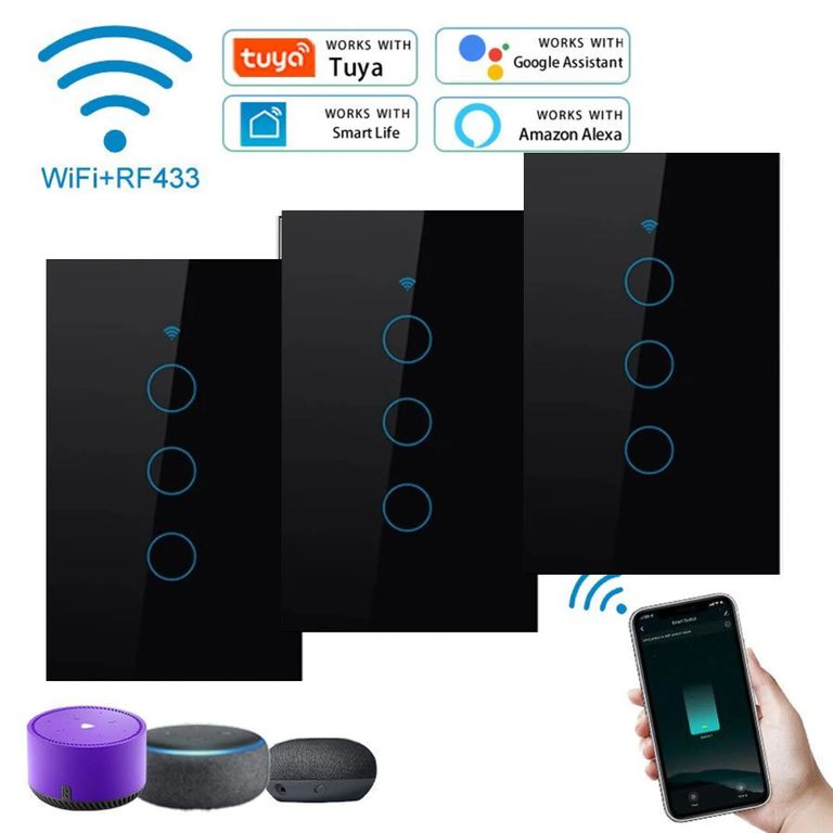 PACK X3 INTERRUPTOR INTELIGENTE WIFI ALEXA GOOGLE 3 BOTONES NEGRO