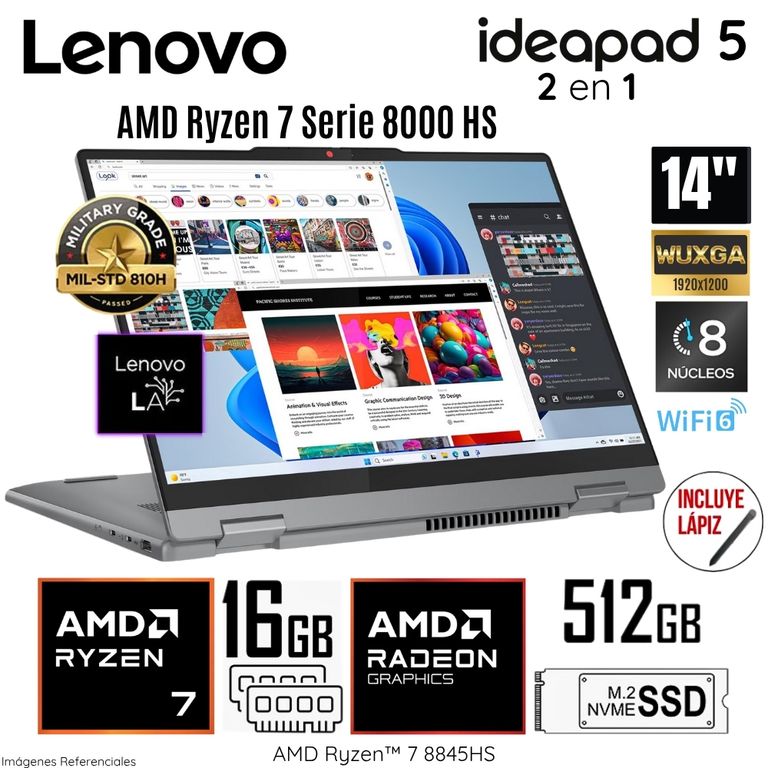 Laptop Ideapad 5 2 en 1 AMD Ryzen 7 8845HS 16GB RAM 512GB SSD 14" WUXGA - 83DR007QLM