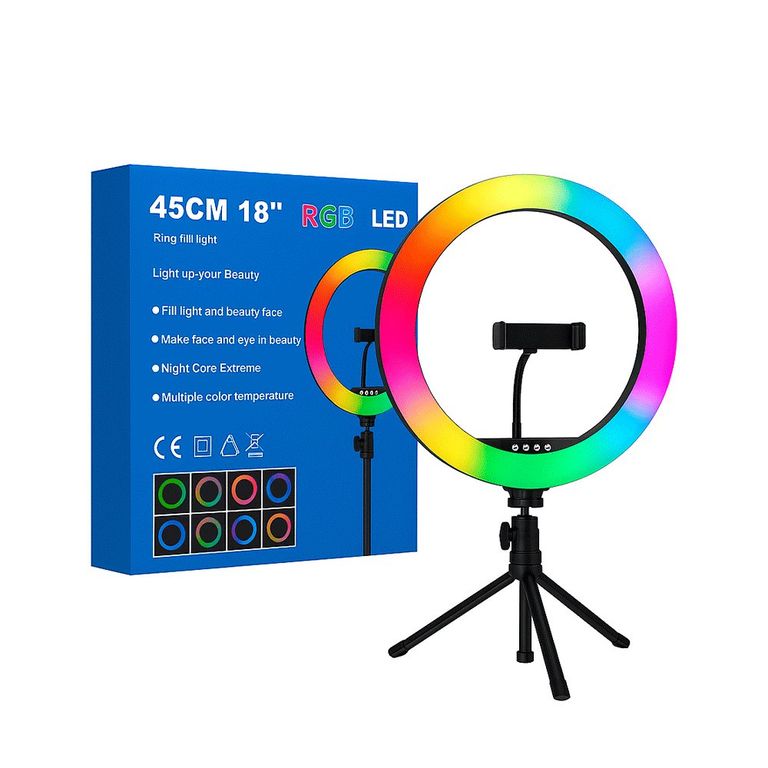 Aro de Luz LED RGB 45 cm (18") con Trípode y Soporte para Celular