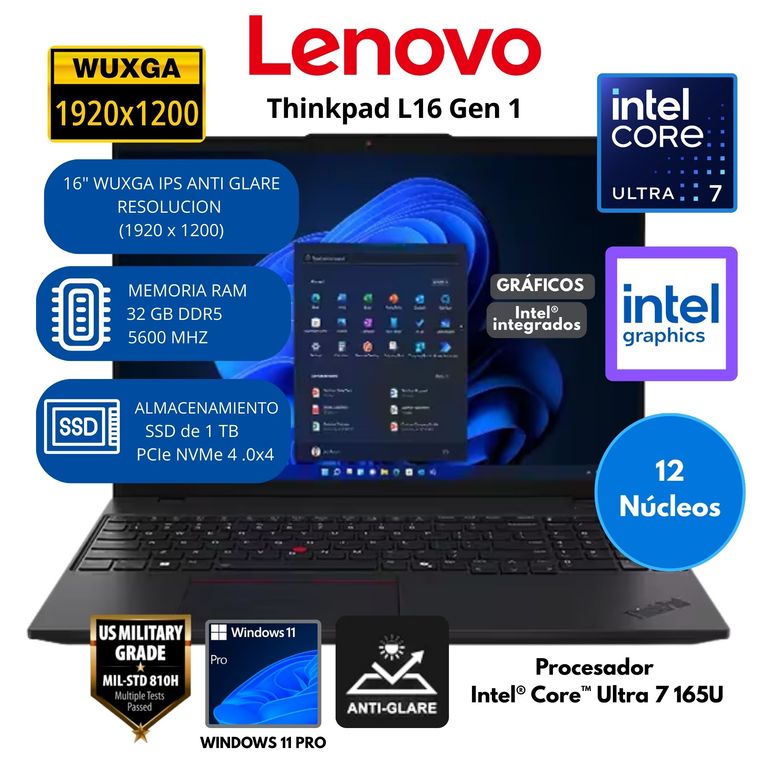 Laptop Intel Core Ultra 7 (Thinkpad L16 Gen 1) RAM 32 GB SSD 1 TB 16" WUXGA IPS Windows 11