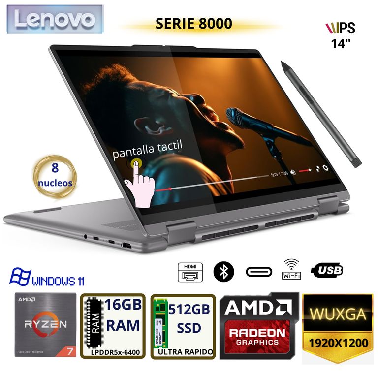 Laptop 2 en 1 Ideapad 5 de 14", Pantalla touch, AMD Ryzen 7 ,16GB RAM, disco sólido de 512GB