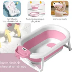 GENERICO - Bañera plegable con Termómetro + Cojín ROSADO