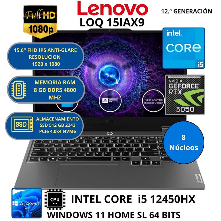 Laptop LOQ 15IAX9 INTEL CORE i5-RAM 8 GB SSD 512 GB GEFORCE RTX 3050 con 6 GB GDDR6