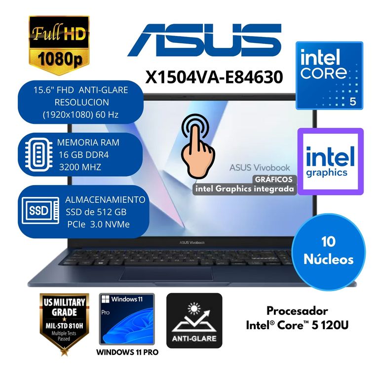 Laptop Vivobook Intel Core 5 (X1504VA-E84630) RAM 16 GB SSD 512 GB 15.6" FHD táctil Windows 11