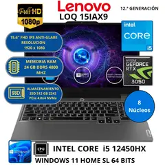 LENOVO - Laptop LOQ 15IAX9 INTEL CORE i5-RAM 24 GB SSD 512 GB GEFORCE RTX 3050 con 6GB GDDR6