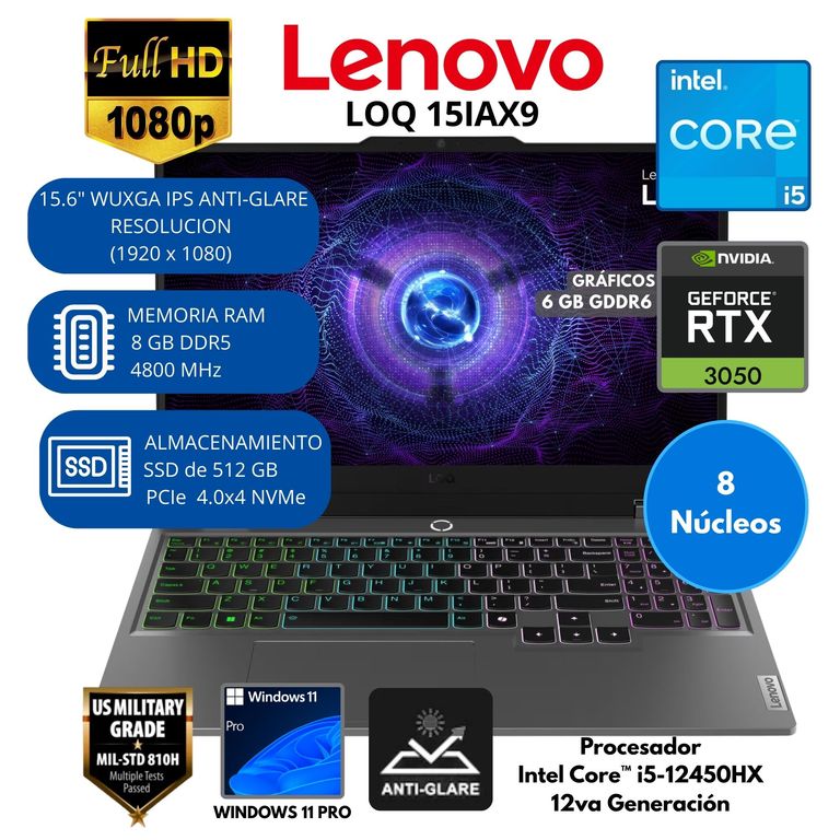 Laptop LOQ 15IAX9 INTEL CORE i5-RAM 8 GB SSD 512 GB NVIDIA RTX 3050 con 6GB 15.6" FHD