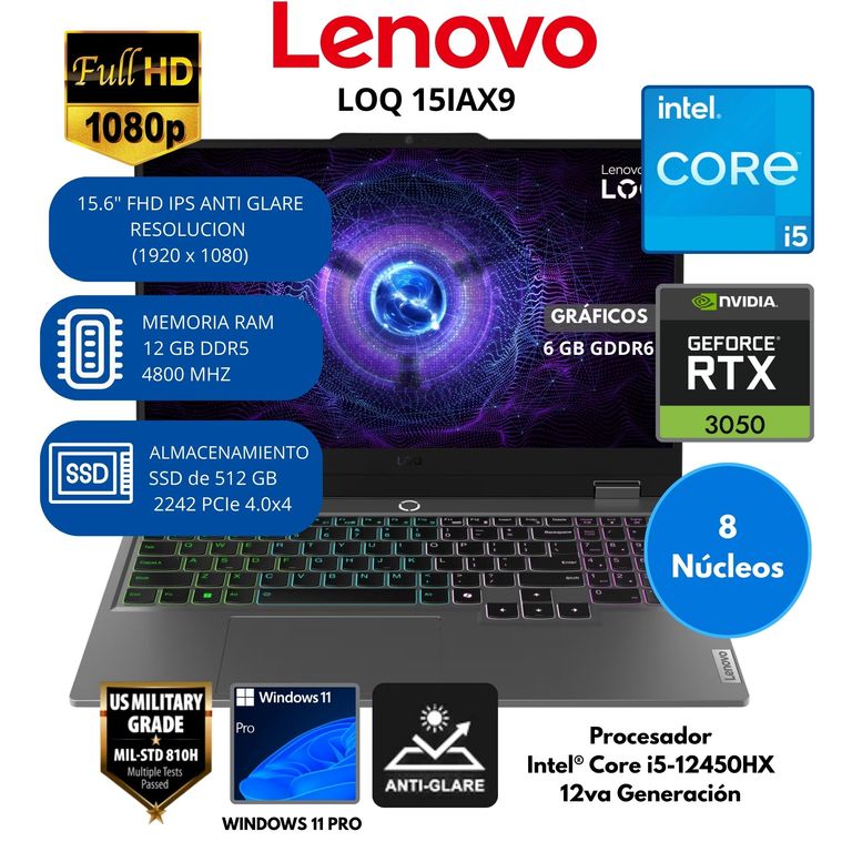 Laptop LOQ Intel Core i5 (15IAX9) RAM 12 GB SSD 512 GB 15.6" FHD IPS Windows 11 PRO