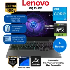 LENOVO - Laptop LOQ Intel Core i5 (15IAX9) RAM 12 GB SSD 512 GB 15.6" FHD IPS Windows 11 PRO