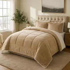 GENERICO - EDREDON 1 PLAZA FELPA CON SHERPA BEIGE + FUNDAS DE ALMOHADA PROMO
