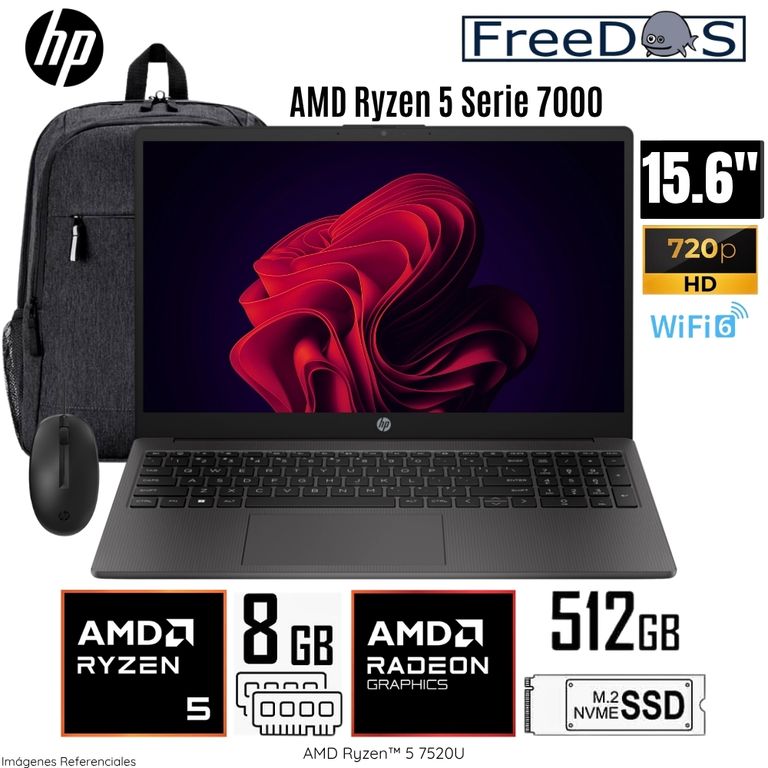 Laptop 255 G10 AMD Ryzen 5-7520U 8GB RAM 512GB SSD 15.6" HD Free Dos Mochila y Mouse - A12HBLT