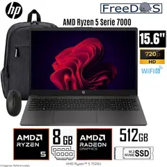 HP - Laptop 255 G10 AMD Ryzen 5-7520U 8GB RAM 512GB SSD 15.6" HD Free Dos Mochila y Mouse - A12HBLT