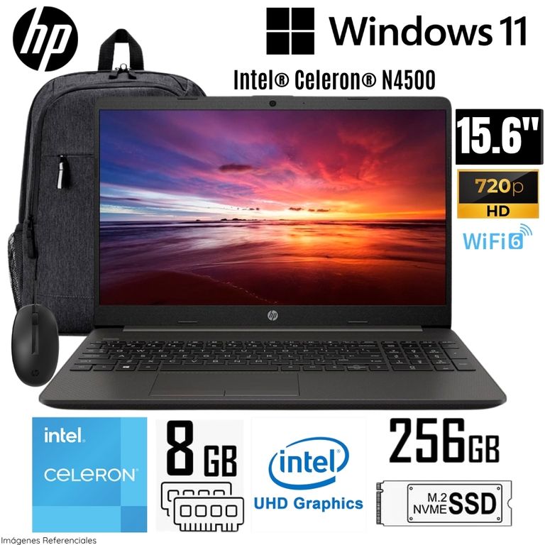 Laptop 250 G9 Intel Celeron N4500 8GB RAM 256GB SSD 15.6" HD + Mochila y Mouse - A12FJLA