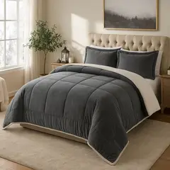 GENERICO - EDREDON 1.5 PLAZA FELPA CON SHERPA GRIS + FUNDAS DE ALMOHADA PROMO
