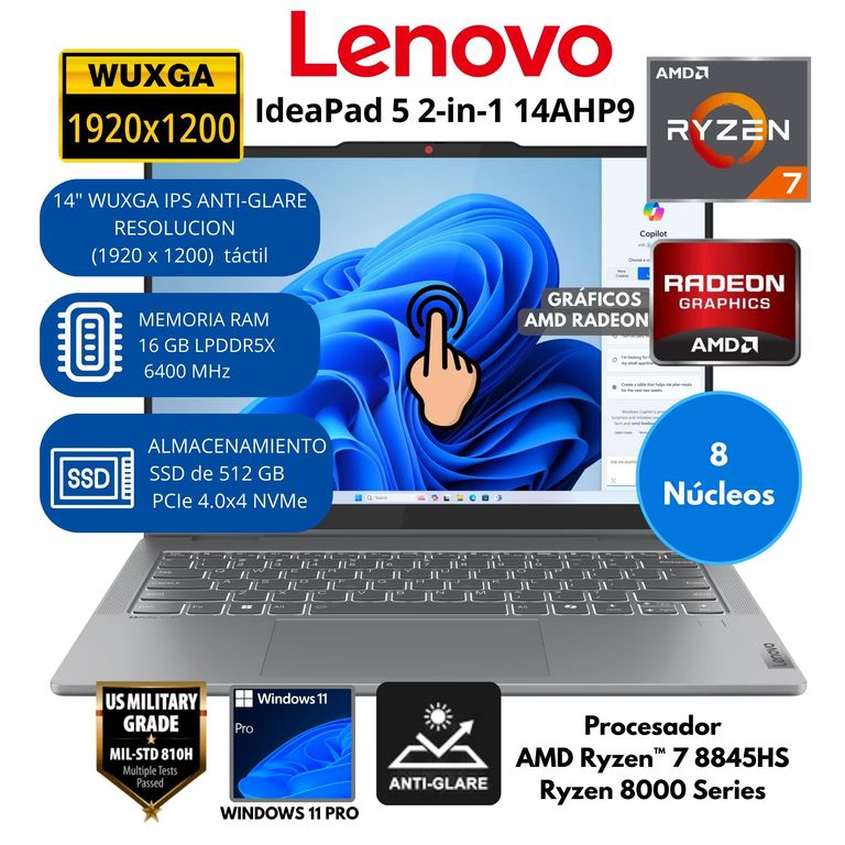 Laptop IdeaPad 5 2en1 AMD Ryzen 7 (14AHP9) RAM 16 GB SSD 512 GB 14"WUXGA Windows 11 PRO