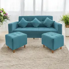 MOVENDA - Sofá Bonn 3 Cuerpos con 2 Puffs Celeste