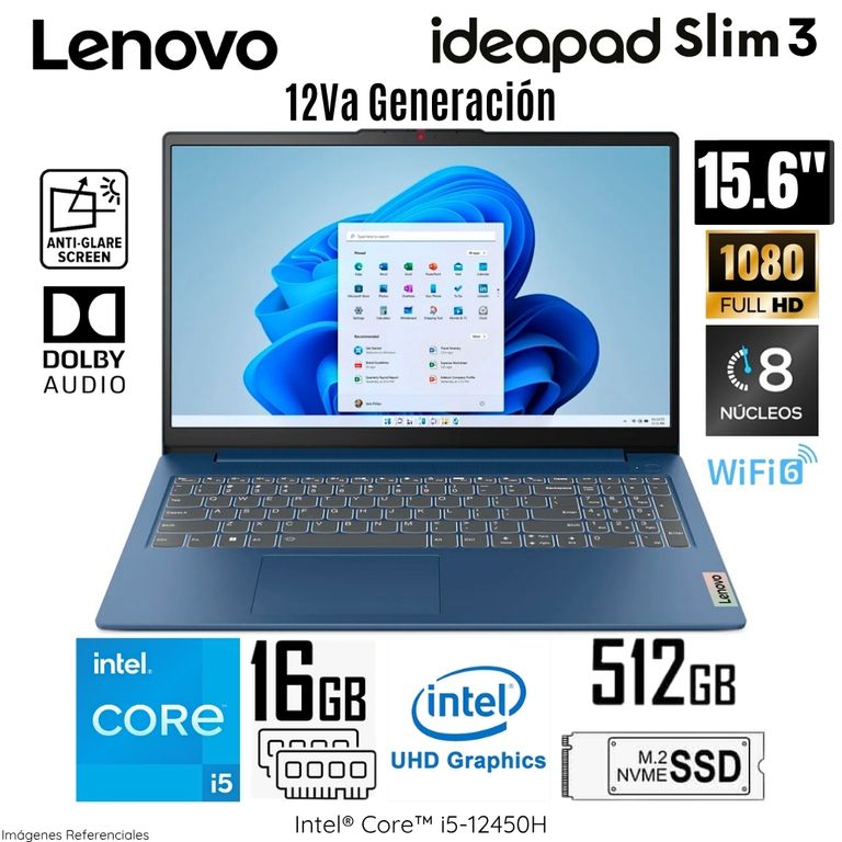 Laptop IdeaPad Slim 3 Intel Core i5-12450H 16GB DDR5 RAM 512GB SSD 15.6" FHD - 83ER001DLM
