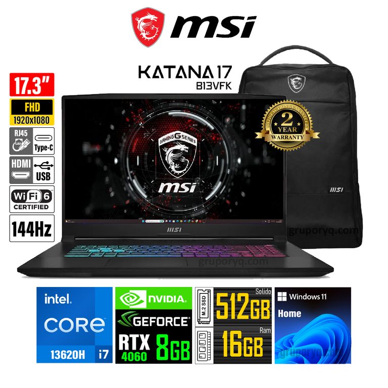 Laptop KATANA17 Intel Core i7-13620H RAM 16GB SSD 512GB 17.3" FHD 144HZ RTX 4060 8GB