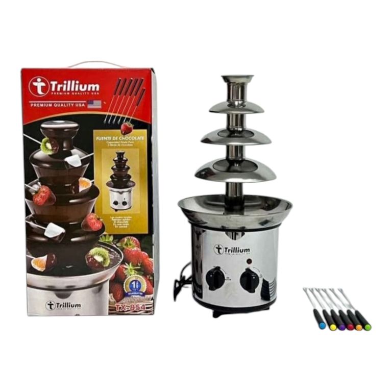 FUENTE CHOCOLATERA DE 4 PISOS DE ACERO INOXIDABLE MAS 6 TENEDORES
