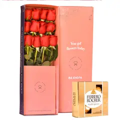 BLOOM - Caja de 12 rosas rojas y chocolates Ferrero