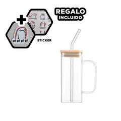 GENERICO - Vaso de Vidrio con Tapa y Sorbete 350ml Y+Regalo Stickers