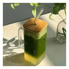 GENERICO - Pack2 Vaso Vidrio con Tapa y Sorbete 350ml Y+Regalo Stickers