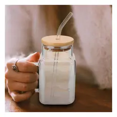 GENERICO - Pack2 Vaso Vidrio con Tapa y Sorbete 500ml Y+Regalo Stickers