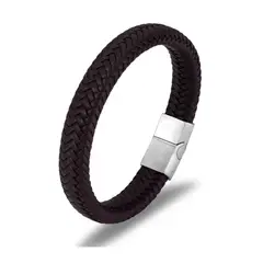 GENERICO - Pulsera Unisex Cuero Trenzado Marrón Hebilla Magnética