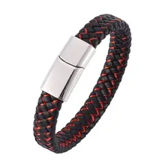 GENERICO - Pulsera Unisex Cuero Trenzado Negro Rojo Hebilla Magnética
