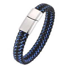 GENERICO - Pulsera Unisex Cuero Trenzado Negro Azul Hebilla Magnética