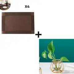 EASY&HOME - Combo 4 Manteles Marrón Oscuro + Macetero Nórdico Dorado